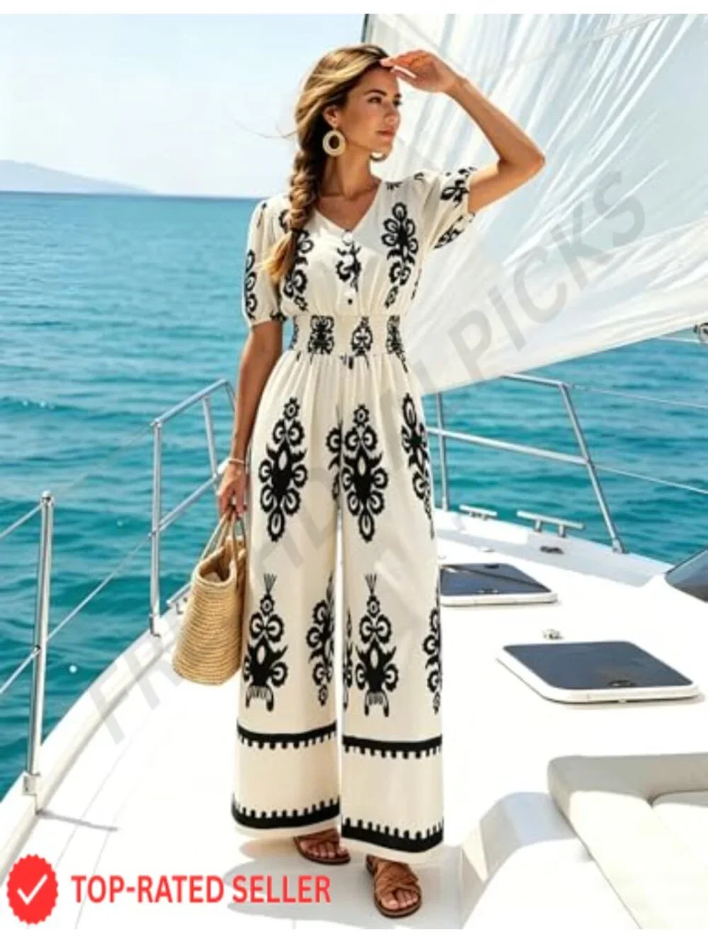 Women's V-Neck Wide Leg Jumpsuit with Pockets, Smocked Waist